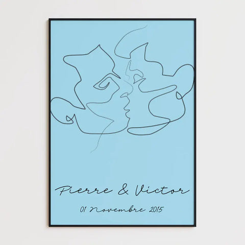 Tableau Couple Personnalisé Homme Gay Line art Kiss