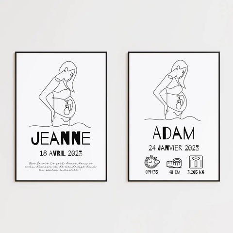 Affiche Naissance Personnalisé Line Art Maman Enceinte