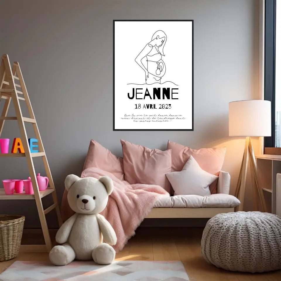 Affiche Naissance Personnalisé Line Art Maman Enceinte