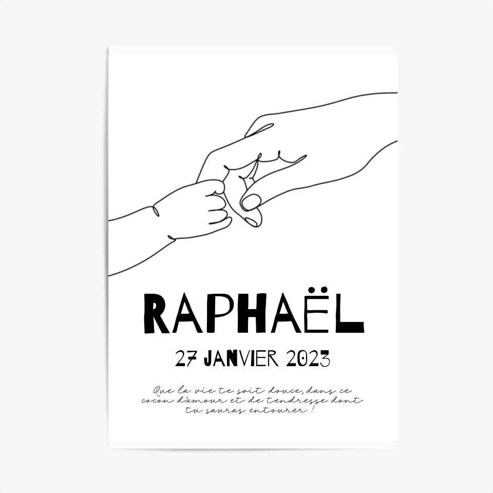 Affiche Naissance Personnalisé Line Art Mains Famille