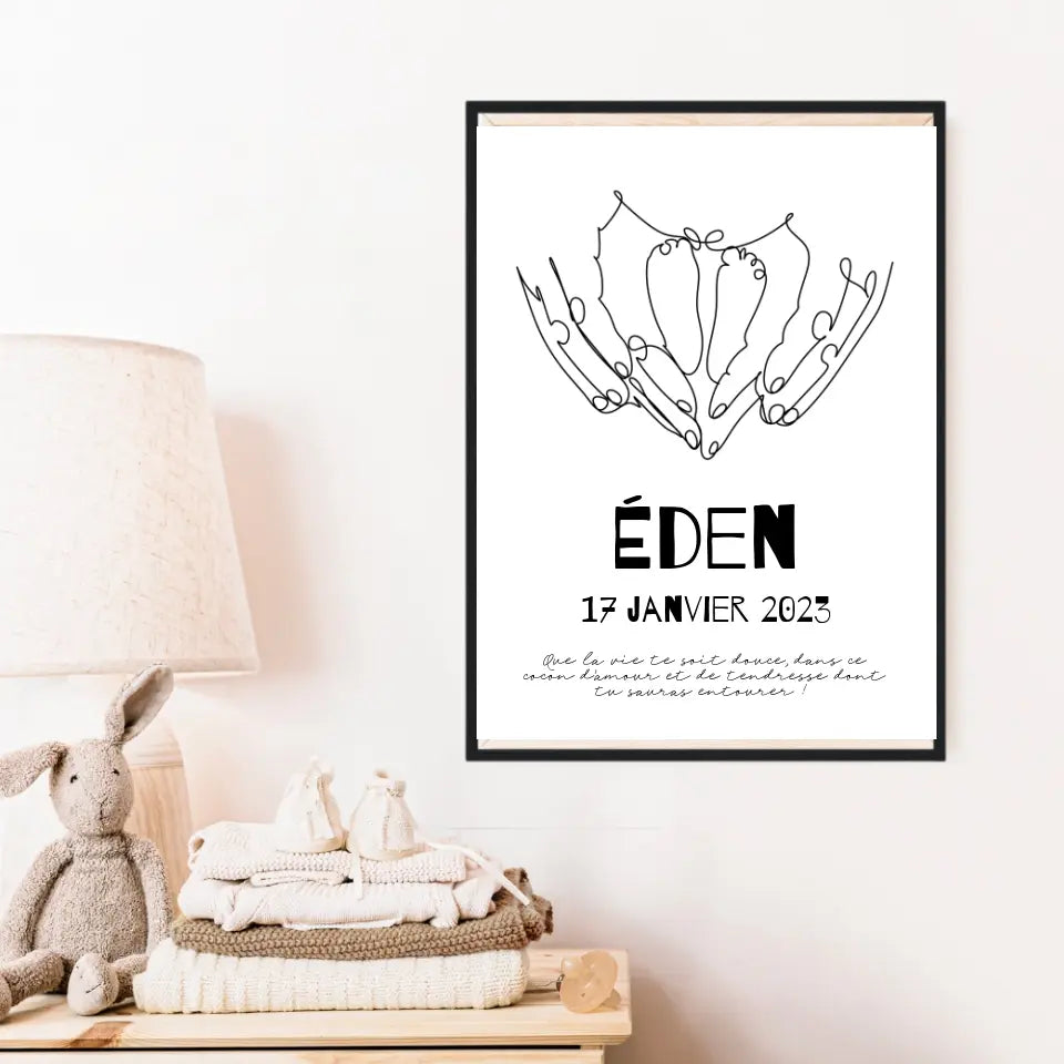 Affiche Naissance Personnalisé Line Art Mains Pieds Bébé