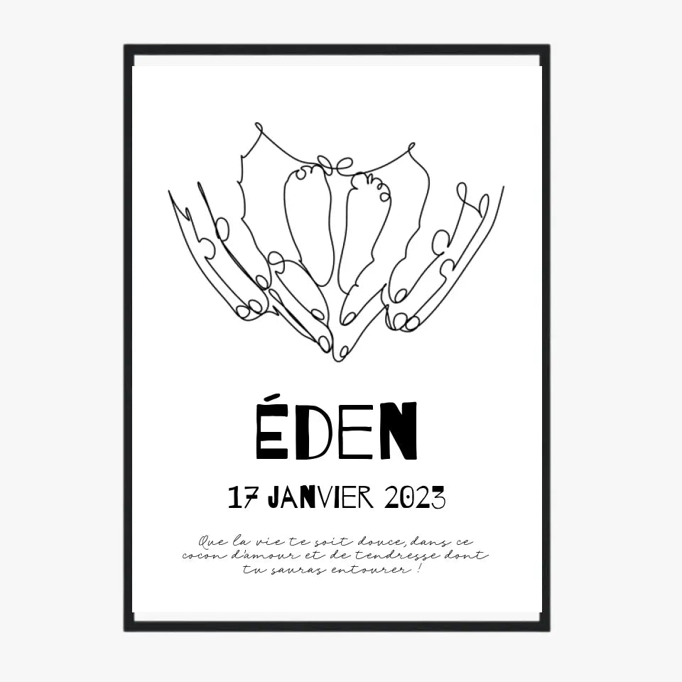 Affiche Naissance Personnalisé Line Art Mains Pieds Bébé