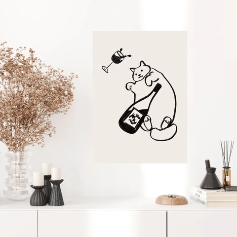 Affiche Et Tableau Minimaliste Wine And Cat