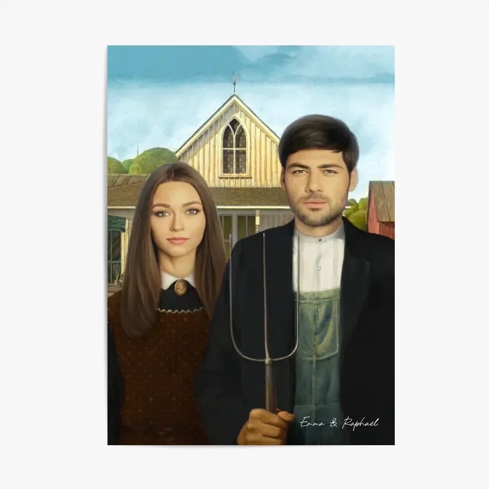 Tableau Personnalisé Portrait Photo Couple Royal American Gothic de Grant Wood