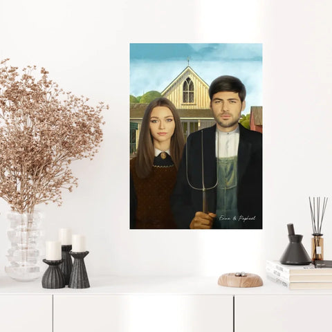 Tableau Personnalisé Portrait Photo Couple Royal American Gothic de Grant Wood