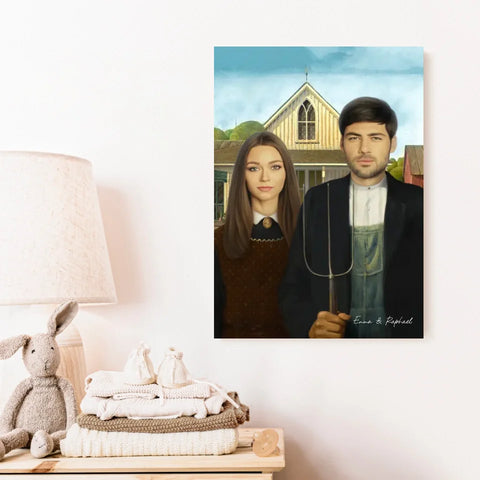 Tableau Personnalisé Portrait Photo Couple Royal American Gothic de Grant Wood