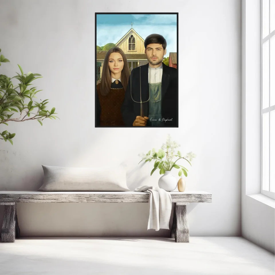 Tableau Personnalisé Portrait Photo Couple Royal American Gothic de Grant Wood