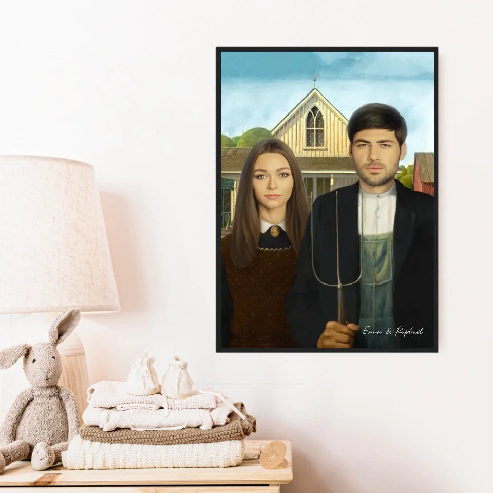 Tableau Personnalisé Portrait Photo Couple Royal American Gothic de Grant Wood