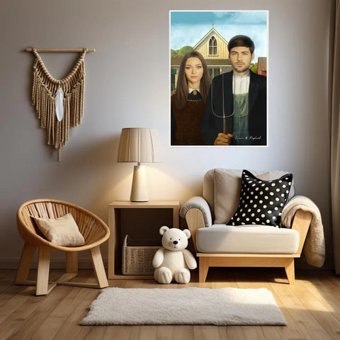 Tableau Personnalisé Portrait Photo Couple Royal American Gothic de Grant Wood