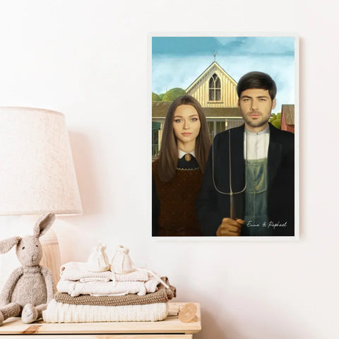 Tableau Personnalisé Portrait Photo Couple Royal American Gothic de Grant Wood