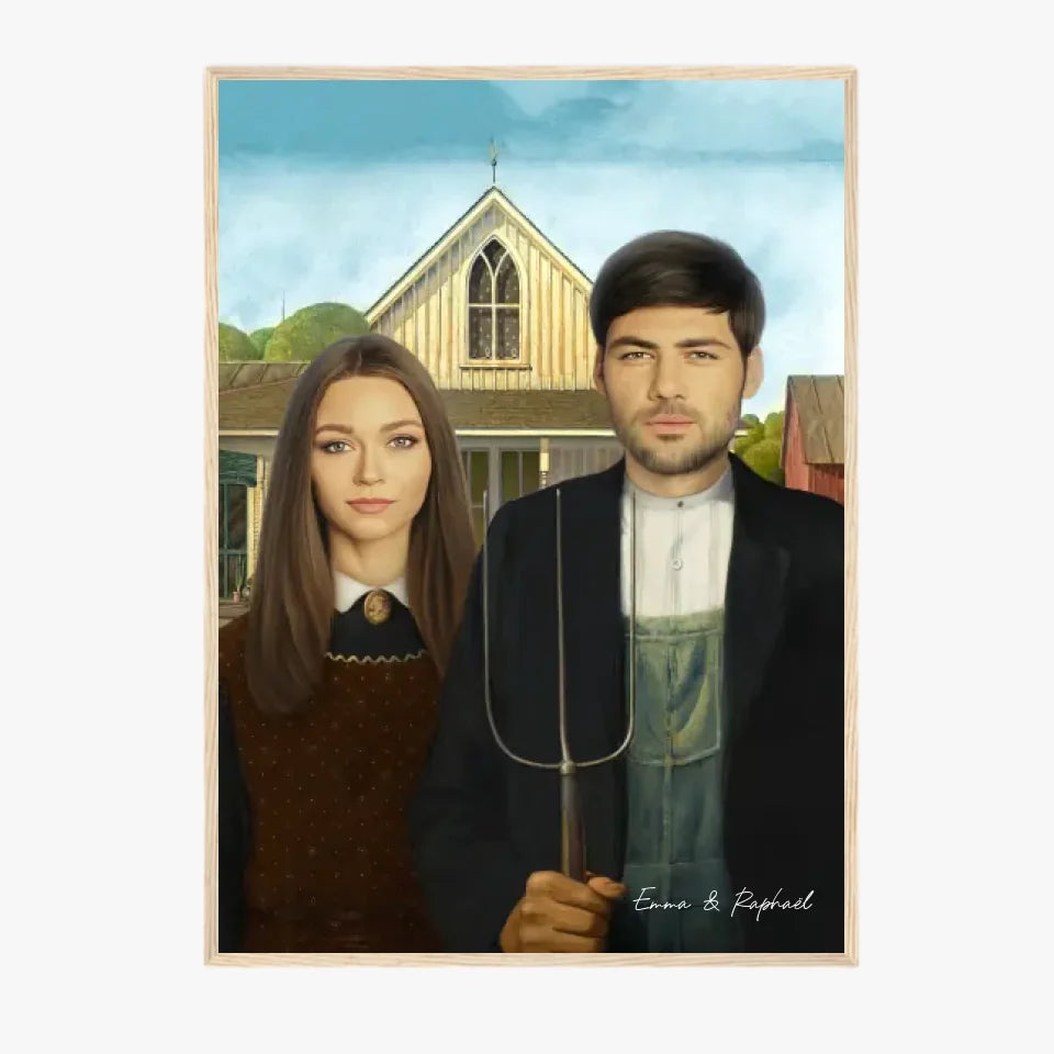 Tableau Personnalisé Portrait Photo Couple Royal American Gothic de Grant Wood