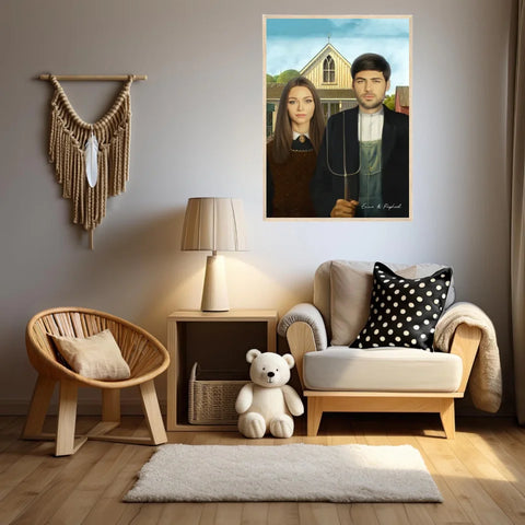 Tableau Personnalisé Portrait Photo Couple Royal American Gothic de Grant Wood