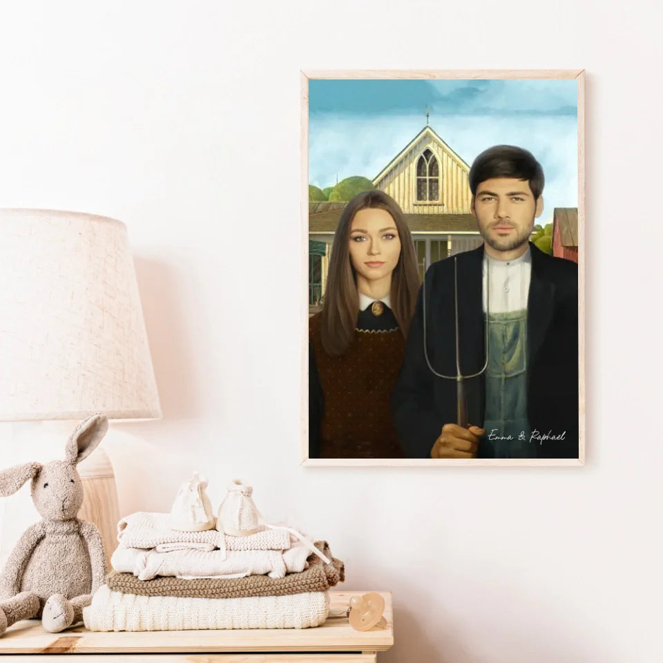 Tableau Personnalisé Portrait Photo Couple Royal American Gothic de Grant Wood