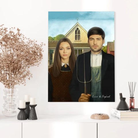 Tableau Personnalisé Portrait Photo Couple Royal American Gothic de Grant Wood