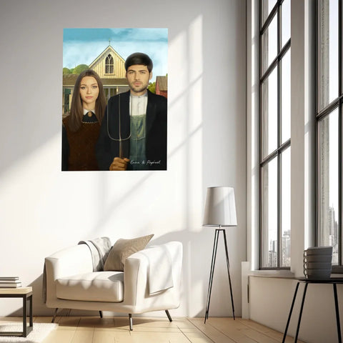 Tableau Personnalisé Portrait Photo Couple Royal American Gothic de Grant Wood