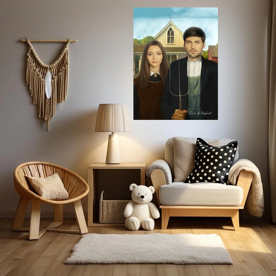 Tableau Personnalisé Portrait Photo Couple Royal American Gothic de Grant Wood