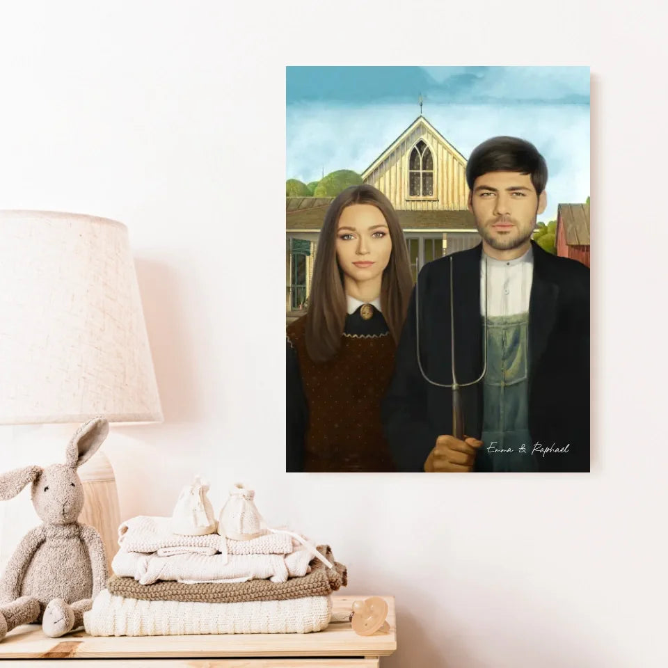 Tableau Personnalisé Portrait Photo Couple Royal American Gothic de Grant Wood