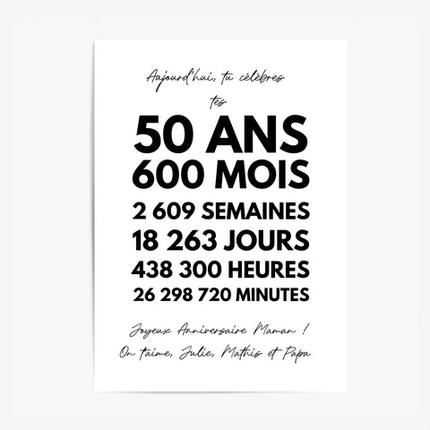 Affiche Personnalisée Message Anniversaire 50 Ans