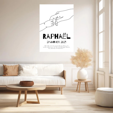 Affiche Naissance Personnalisé Line Art Mains Famille