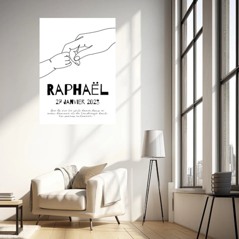 Affiche Naissance Personnalisé Line Art Mains Famille